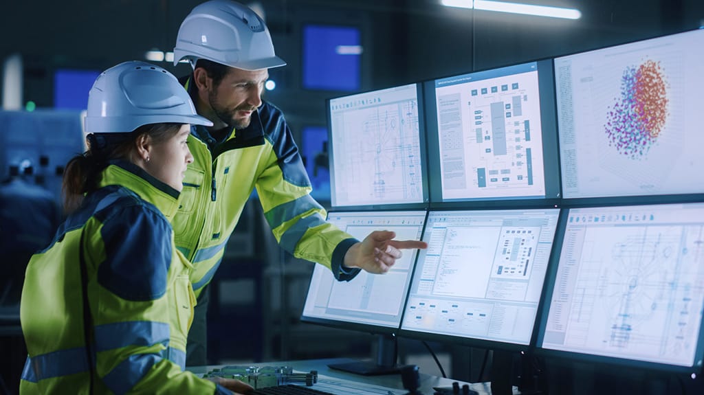 Two energy engineers looking at monitors to decrease energy expenses in commercial buildings